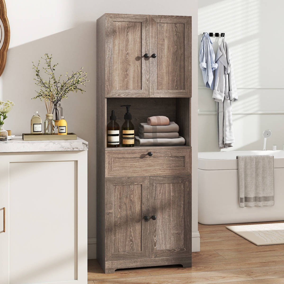 JV13231OA 67.5 in. Tall Modern Freestanding Floor Storage Cabinet with 4 Doors & 1 Drawer - Oak