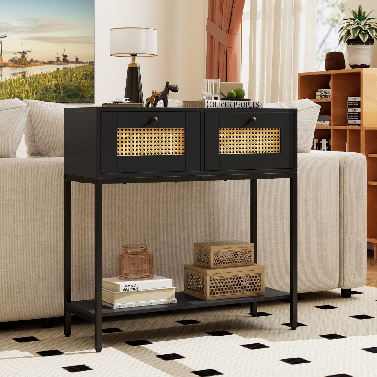 JV13248DK Rattan Console Table Boho Entryway Table with 2 Rattan Drawers & Open Storage Shelf - Black