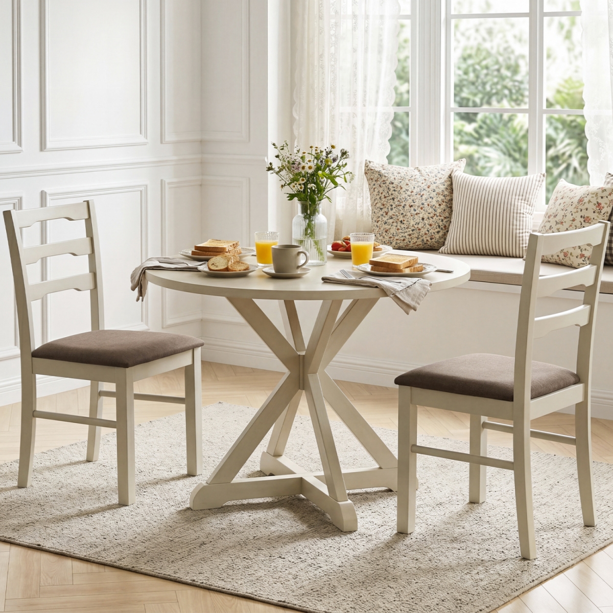 KC59570SW-2 Linen Style Upholstered Dining Chairs with Wood Frames - White - Set of 2