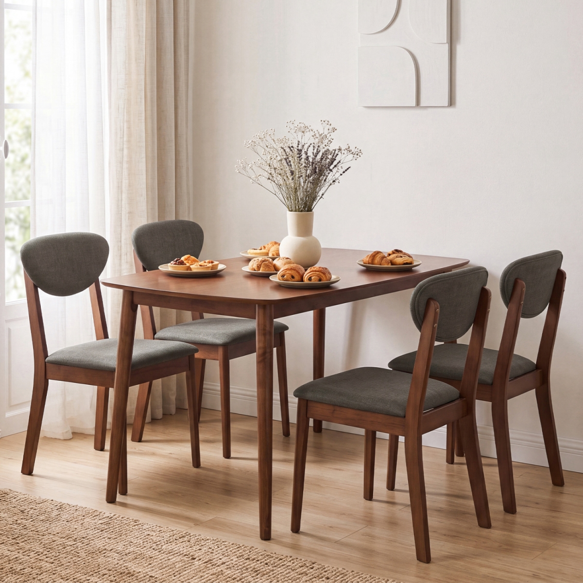 KC59690GR- Dining Set for 4 with Rectangular Table & Fabric Chairs for Living Room - Gray - 5 Piece