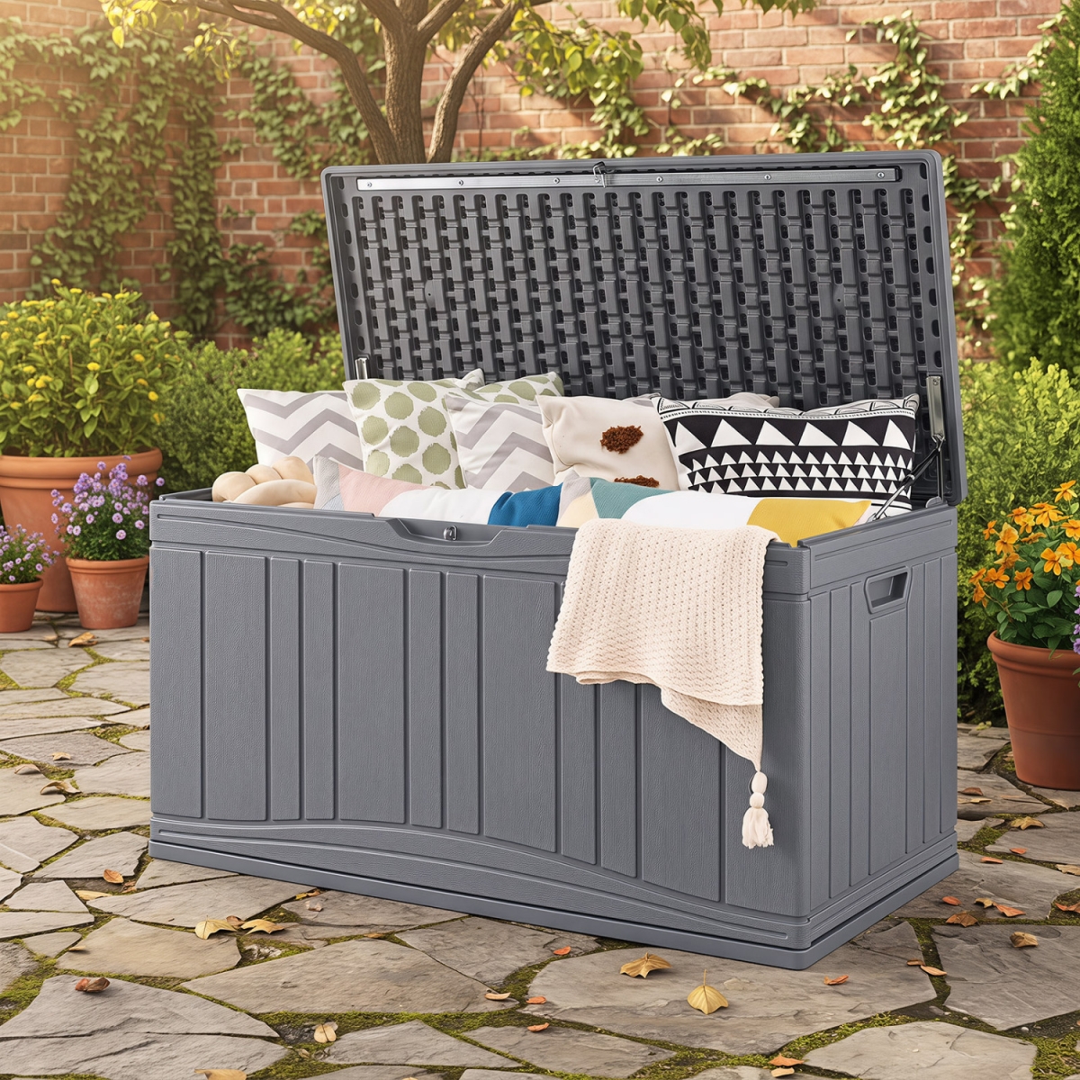 NP12851GR 80 gal Outdoor Deck Box with Lockable Lid for Garden Tools Cushions - Gray
