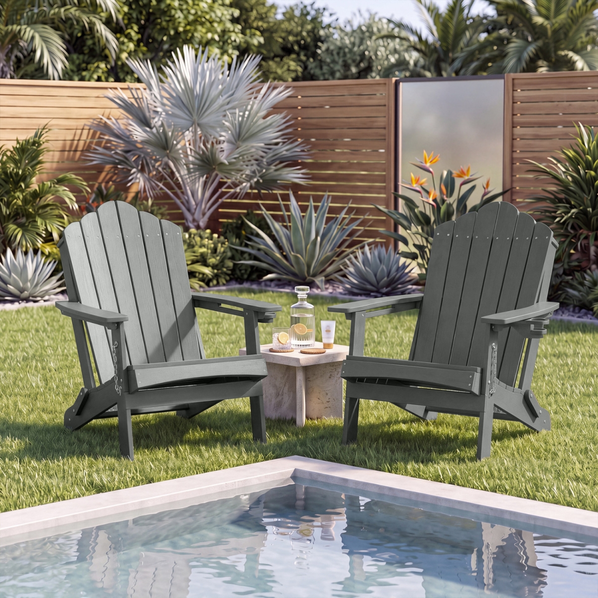 NP13040GR Weather Resistant HDPE Folding Adirondack Chair with High Backrest for Backyard - Gray