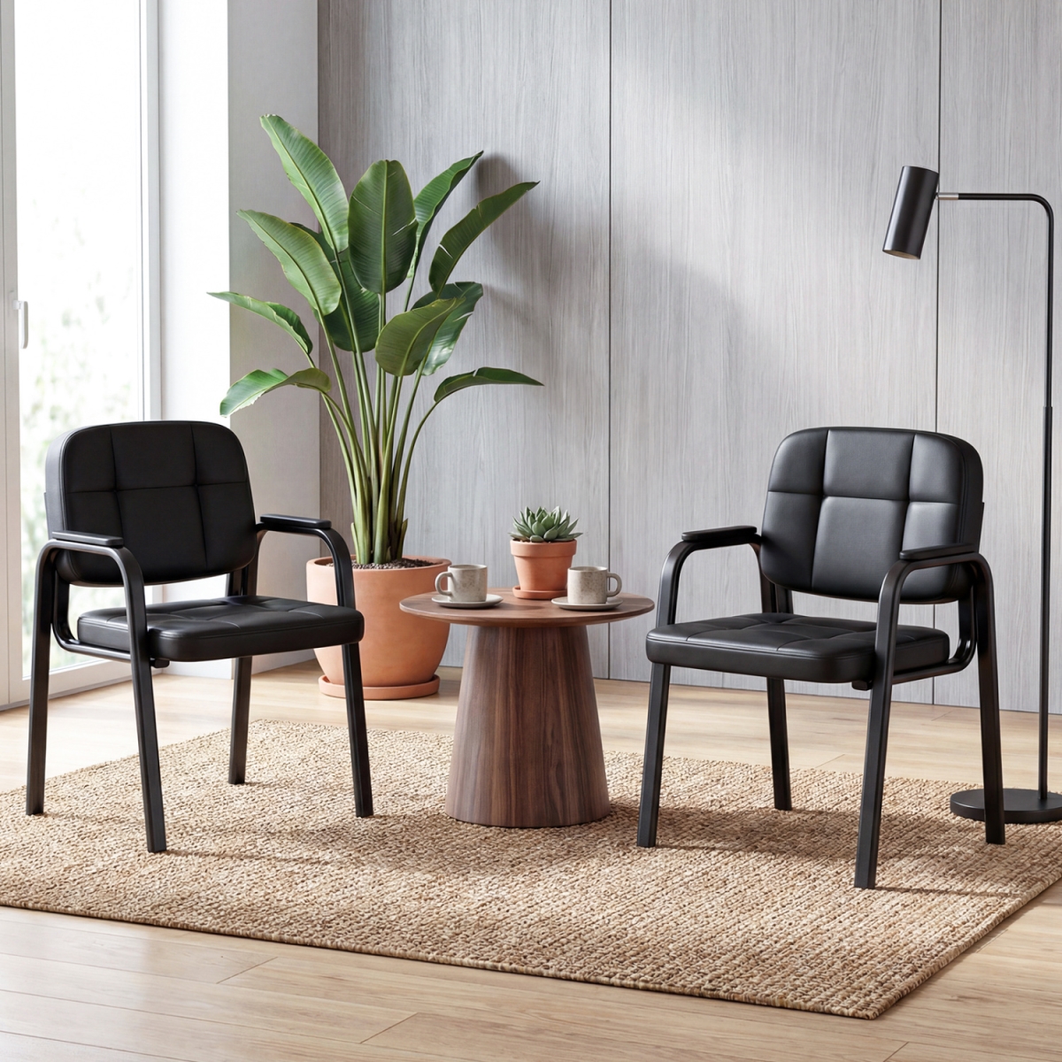 JV14151DK-2 Leather Office Reception Chairs Waiting Room Guest Chairs - Black - Set of 2