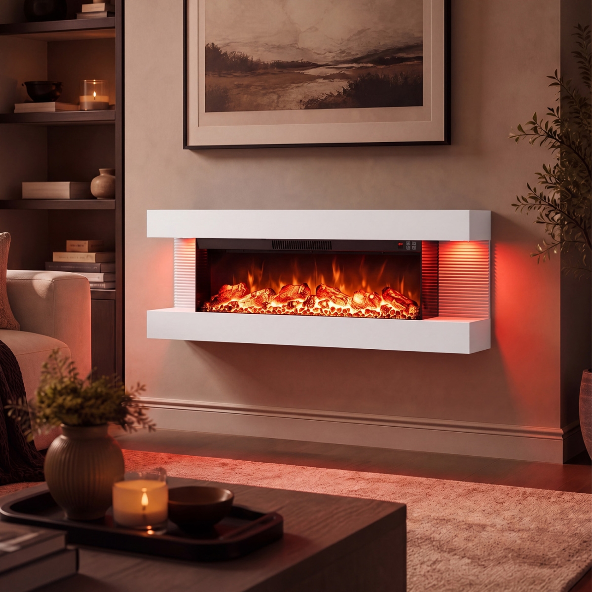 FP11227US-50WH 3-Sided Wall Mount Electric Wi-Fi Fireplace with Floating Mantel & 12 Flame Ambient Colors - White - 50 in.