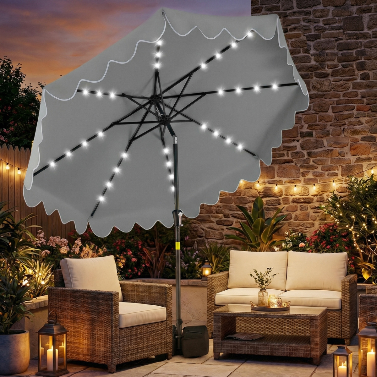 NP13207GR 9 ft. Outdoor Patio Umbrella with Solar LED Lights & Weighted Base - Gray