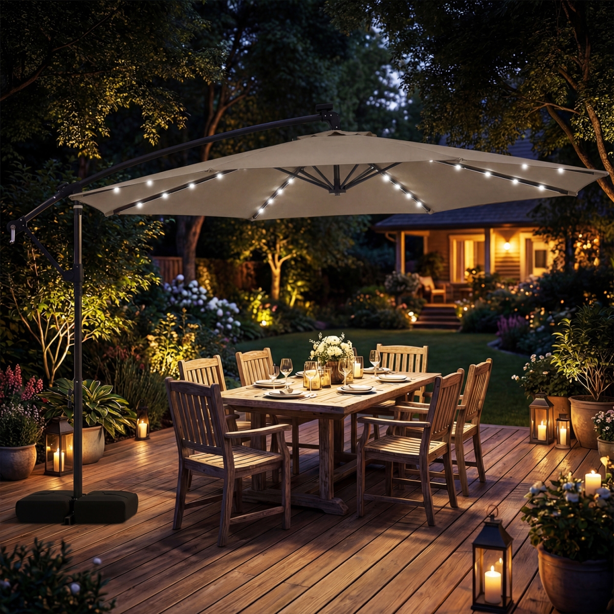 NP13210CF 10 ft. Solar LED Offset Cantilever Patio Umbrella Hanging Outdoor Market Umbrella - Brown