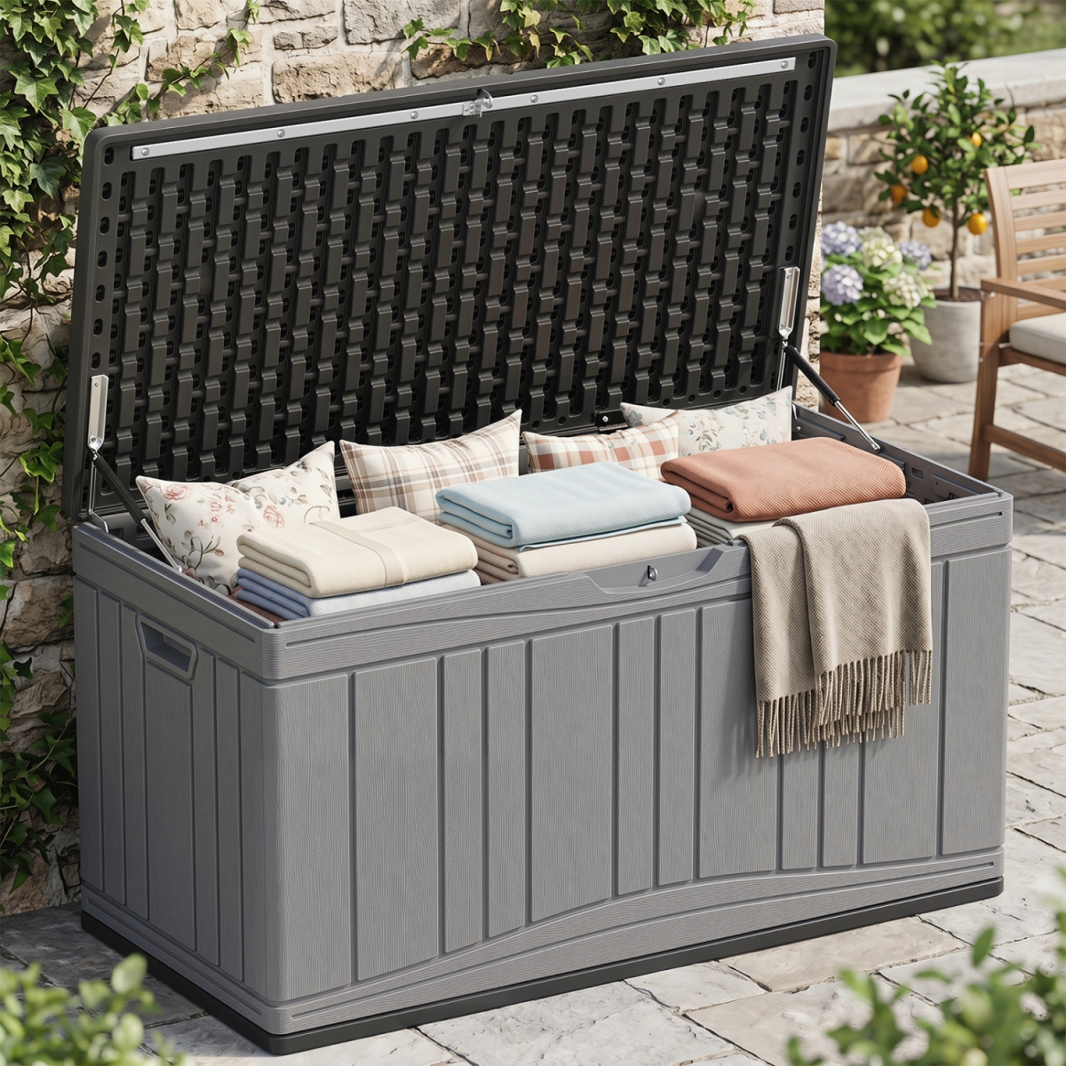 NP12851HG 80 gal Outdoor Deck Box with Lockable Lid for Garden Tools Cushions - Heather Gray