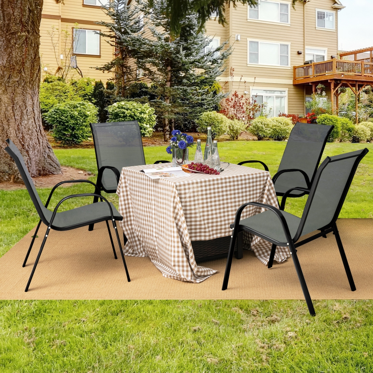 NP12997GR-2 Stackable Patio Dining Chairs Set with Armrest - Gray - Set of 2