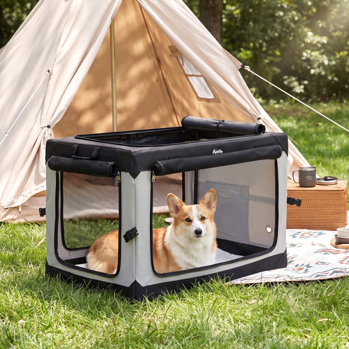 PU10165 Portable Collapsible Soft Dog Crate for Dogs with 4 Mesh Doors Removable Mat & Storage Pocket - Black & Light Gray - Medium