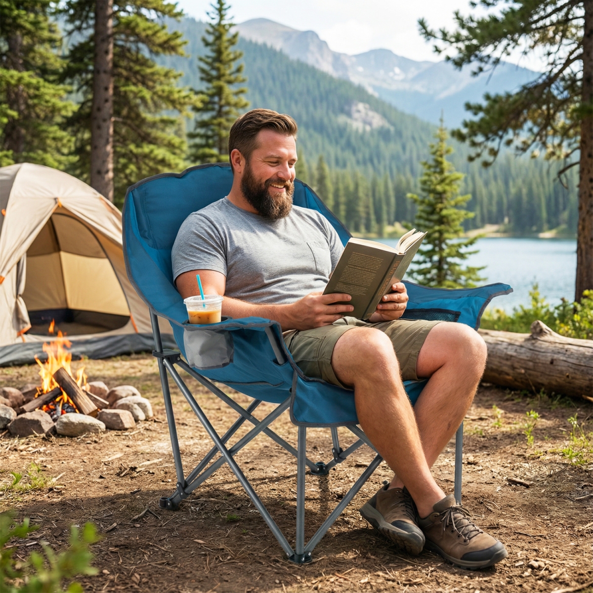 NP12738BL Folding Oversized Camping Chair with Side Pockets & Cup Holder - Blue