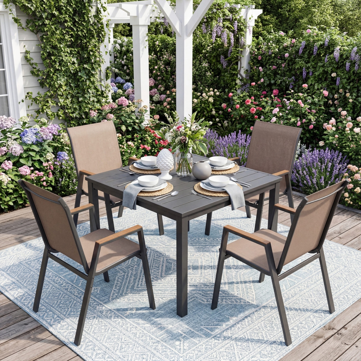 NP12931CF-4 Stackable Patio Chairs with High Backs for Backyard 400 lbs - Brown - Set of 4