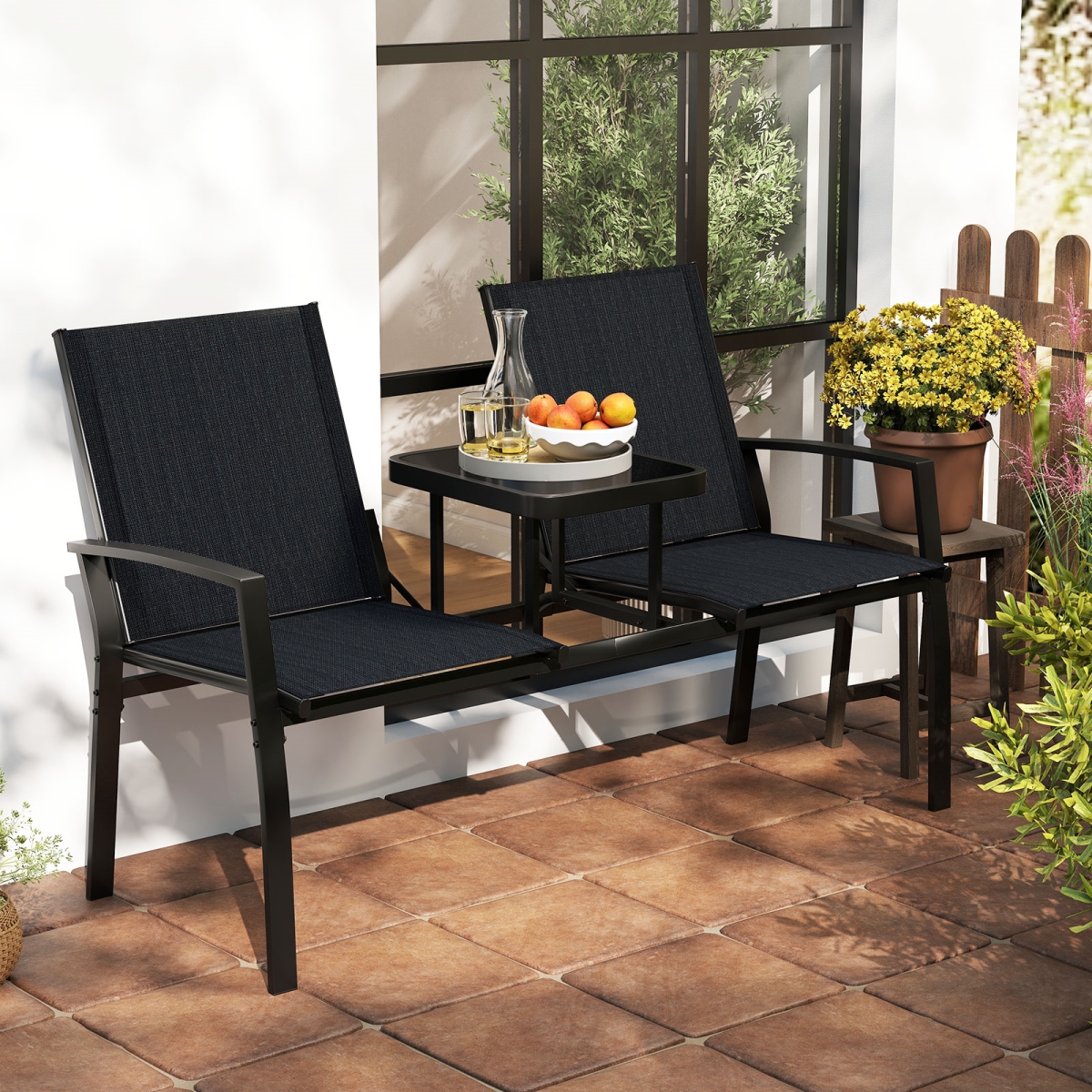 NP12946DK Patio Loveseat with Built-in Table with Breathable Fabric Back - Black