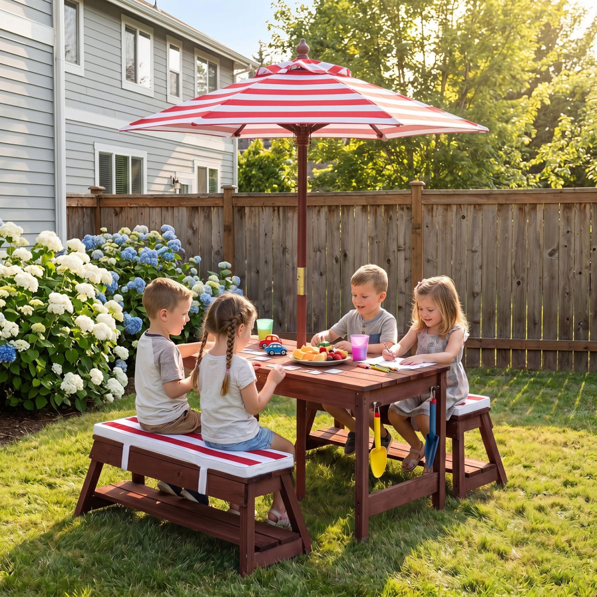 NP13091RD Outdoor Kids Wooden Picnic Table & Benches Set with Umbrella - Red