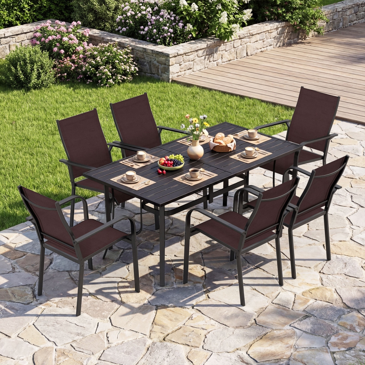 NP13156DK-NP13155CF-6 Patio Dining Set for 6 with Rectangle Metal Table & Stackable Breathable Mesh Armchairs - Brown - 7 Piece
