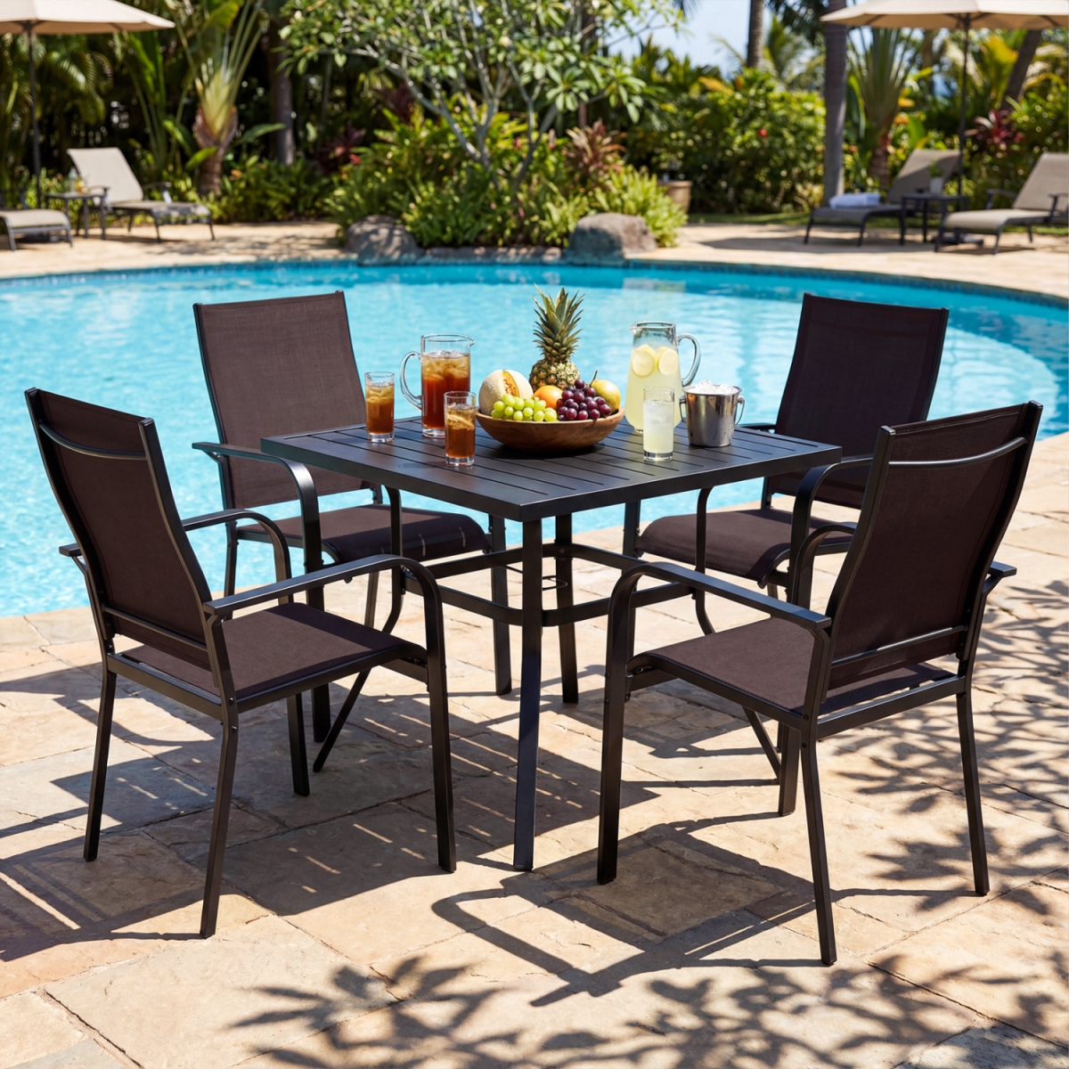 NP13157DK-NP13155CF-4 Patio Dining Set for 4 Outdoor Square Table & Stackable Chairs - Brown - 5 Piece
