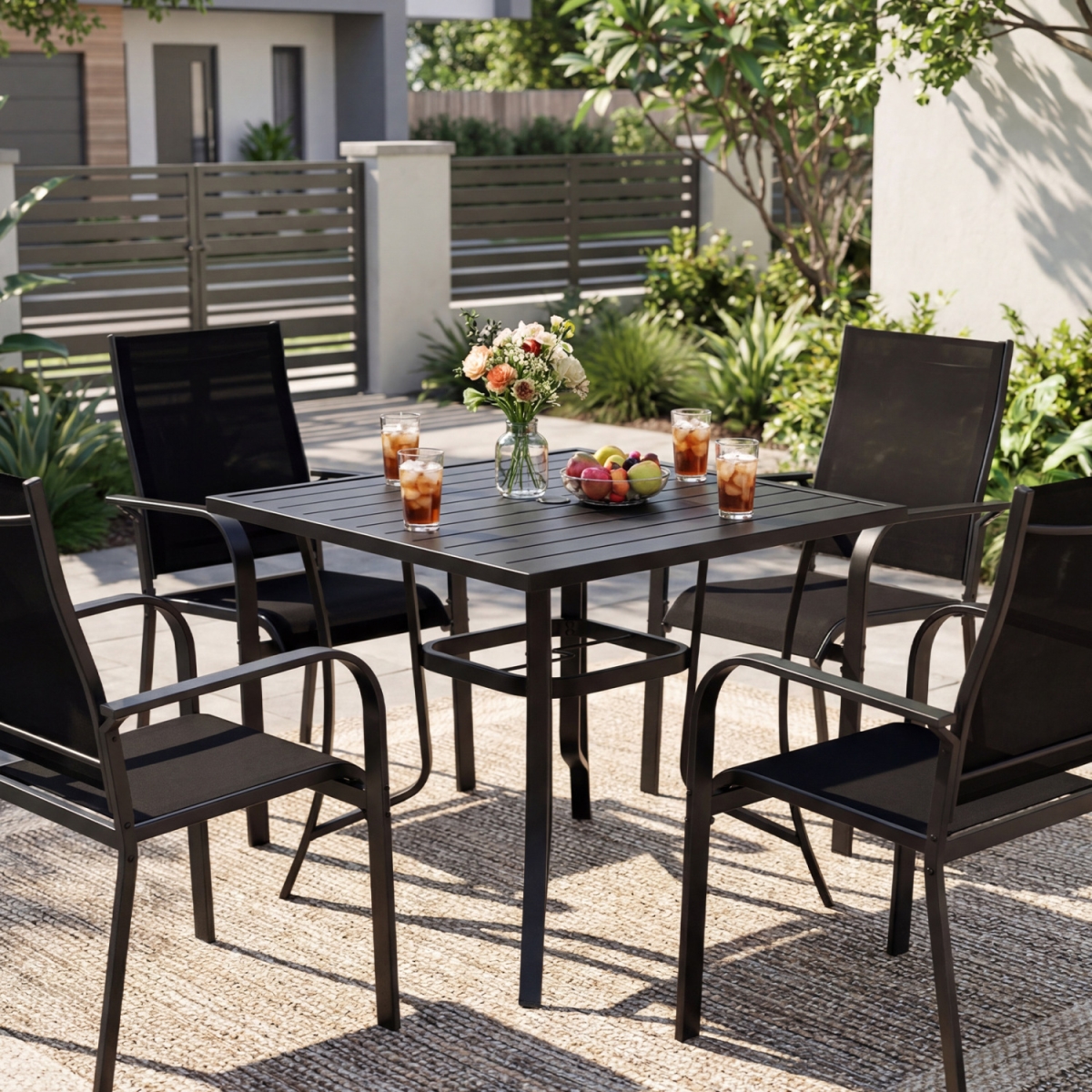 NP13157DK-NP13155DK-4 Patio Dining Set for 4 Outdoor Square Table & Stackable Chairs - Black - 5 Piece