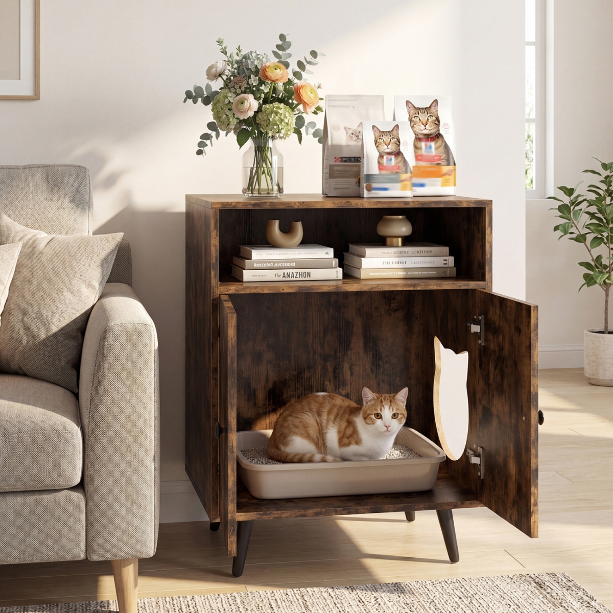 PV10454CF Industrial Cat Litter Box Enclosure with Entry & Open Compartment - Brown