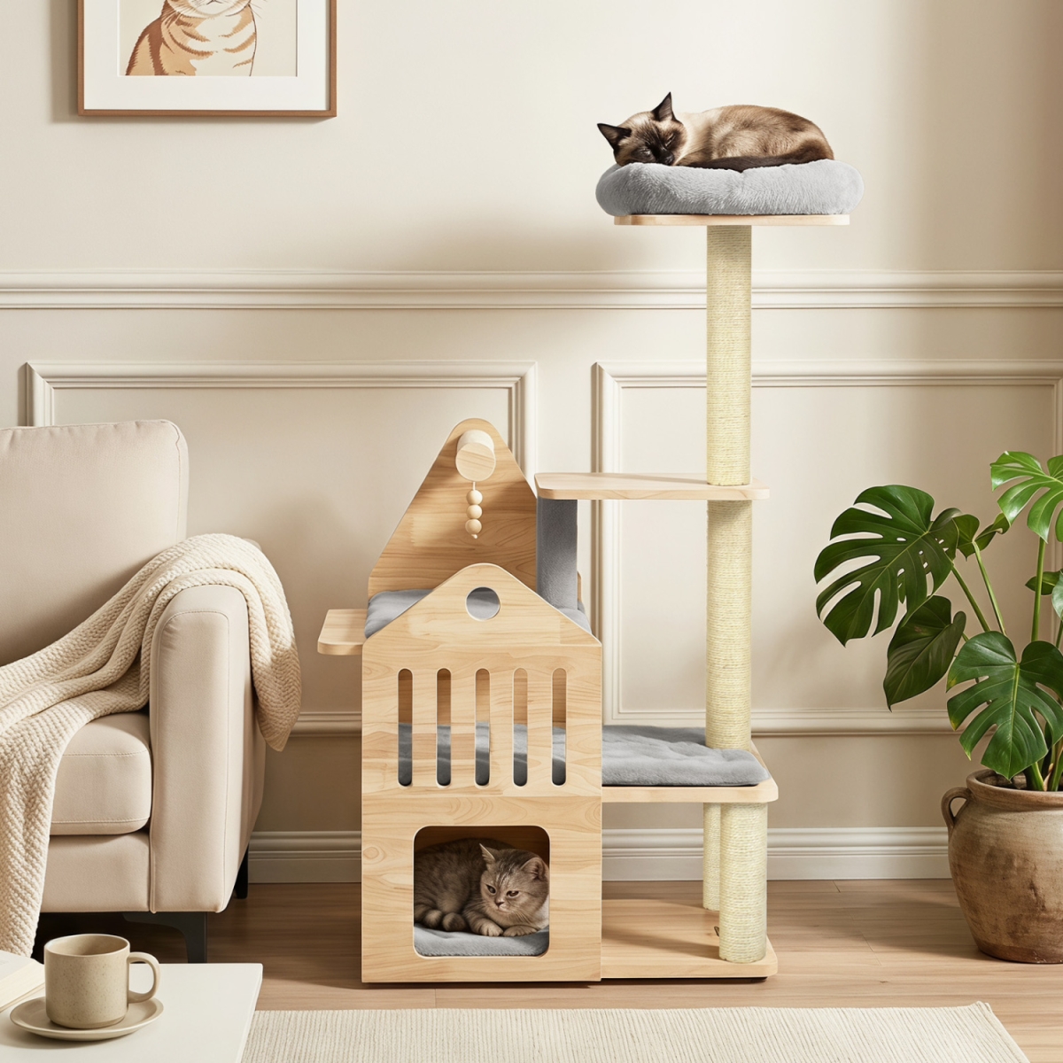 PV10598GR 48.5 in. Multi-Level Solid Wood Cat Tree for Indoor Cats with Padded Top Perch Cat Condo & Sisal Scratching Posts - Gray