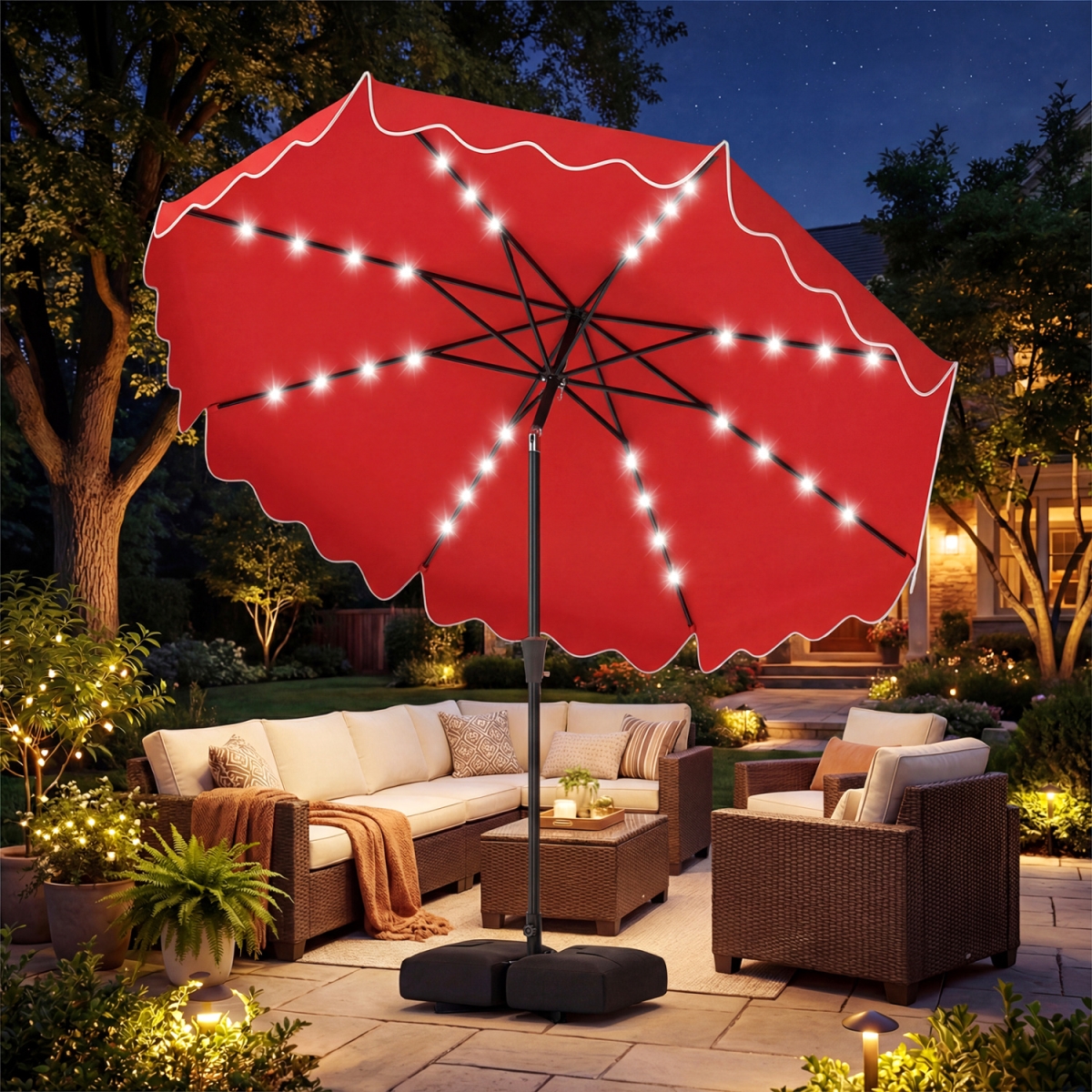 NP13208WN 10 ft. Outdoor Patio Umbrella with Solar LED Lights & Weighted Base - Red
