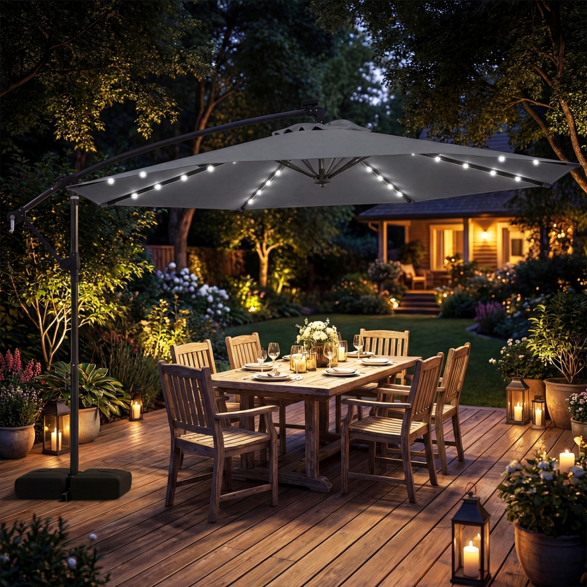 NP13210GR 10 ft. Solar LED Offset Cantilever Patio Umbrella Hanging Outdoor Market Umbrella - Gray
