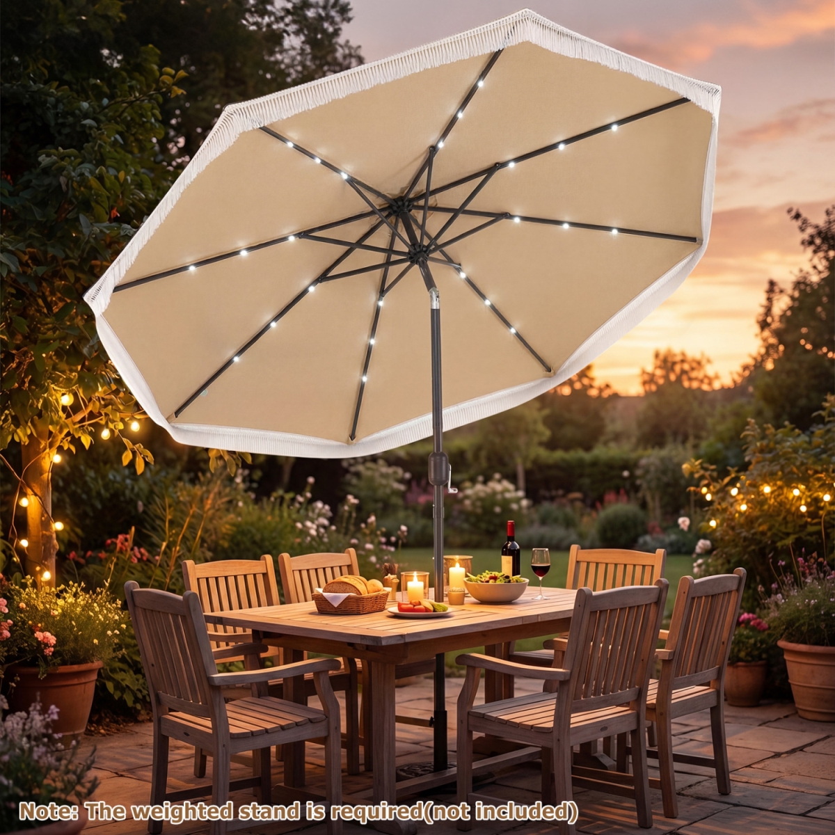 NP13219BE 9 ft. Solar Patio Umbrella with 24 LED Lights for Yard - Beige