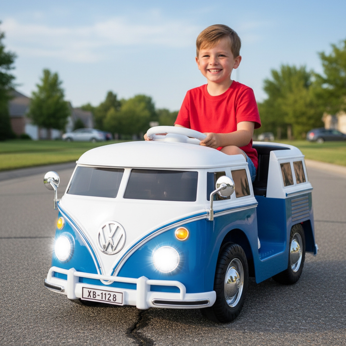 TQ10489US-NY 12V Ride on Car Licensed Volkswagen Ride-on Bus with Cup Holder & LED Headlights for 3 & Up Years Old - Blue