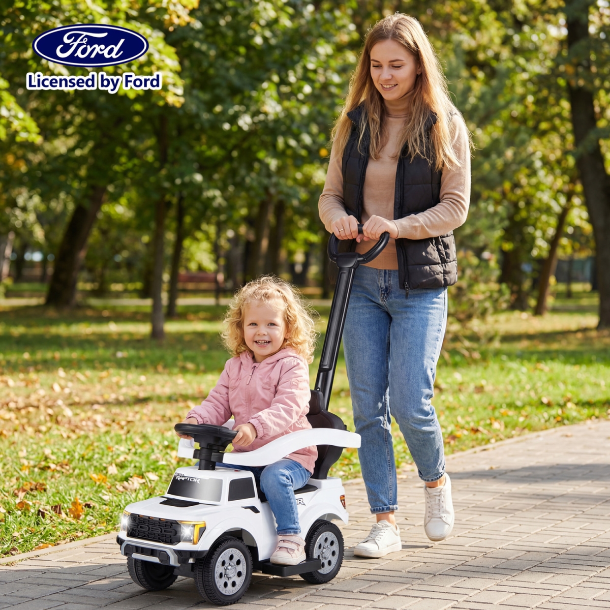 TQ10539WH 3-in-1 Licensed Ford Push Car for Toddlers - White