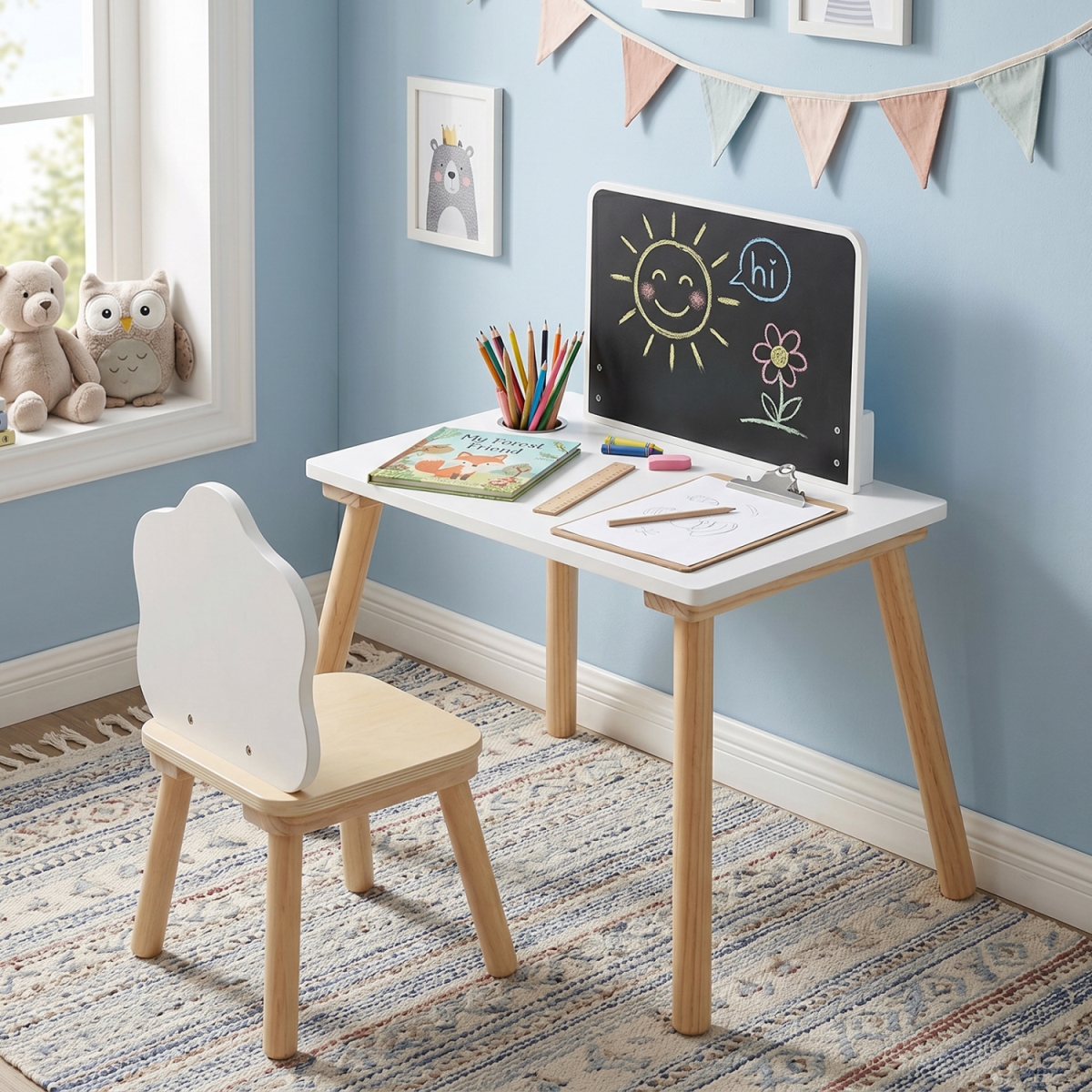 TM10206 Weaning Table & Chair Set with Chalkboard - White & Natural