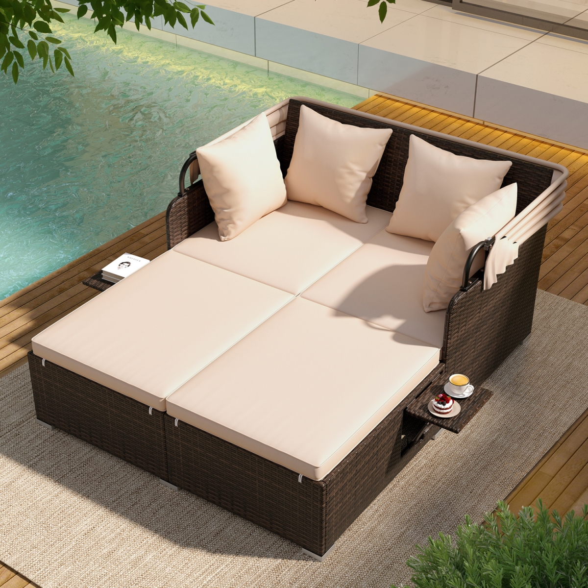 HW75143BN Outdoor Patio Rattan Daybed with Retractable Canopy & Side Table, Beige