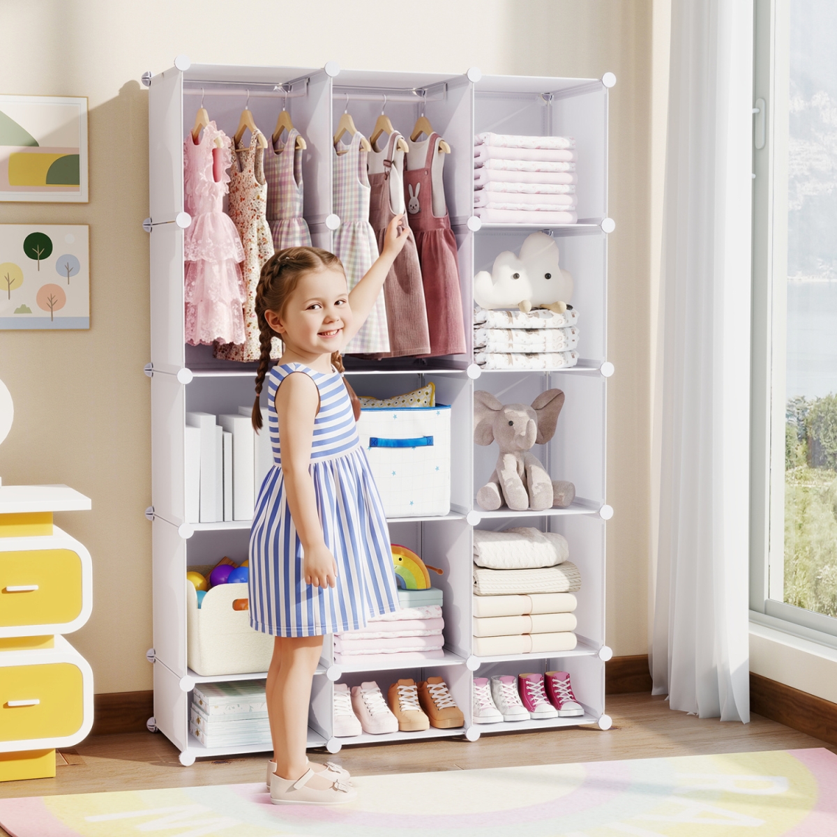 TP10560WH Modular Baby Wardrobe with 13 Cubes & Hanging Rod & Shelves Stackable - White