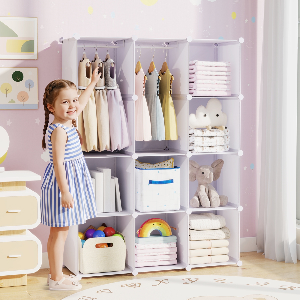 TP10561WH Modular Baby Wardrobe with 10 Cubes & Hanging Rod & Shelves Stackable - White