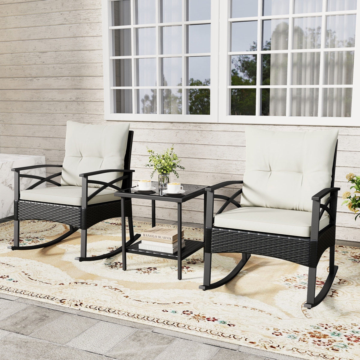 HW75505WH Outdoor Rattan Rocking Chairs Set with 2-Tier Side Table for Garden Backyard - White - 3 Piece
