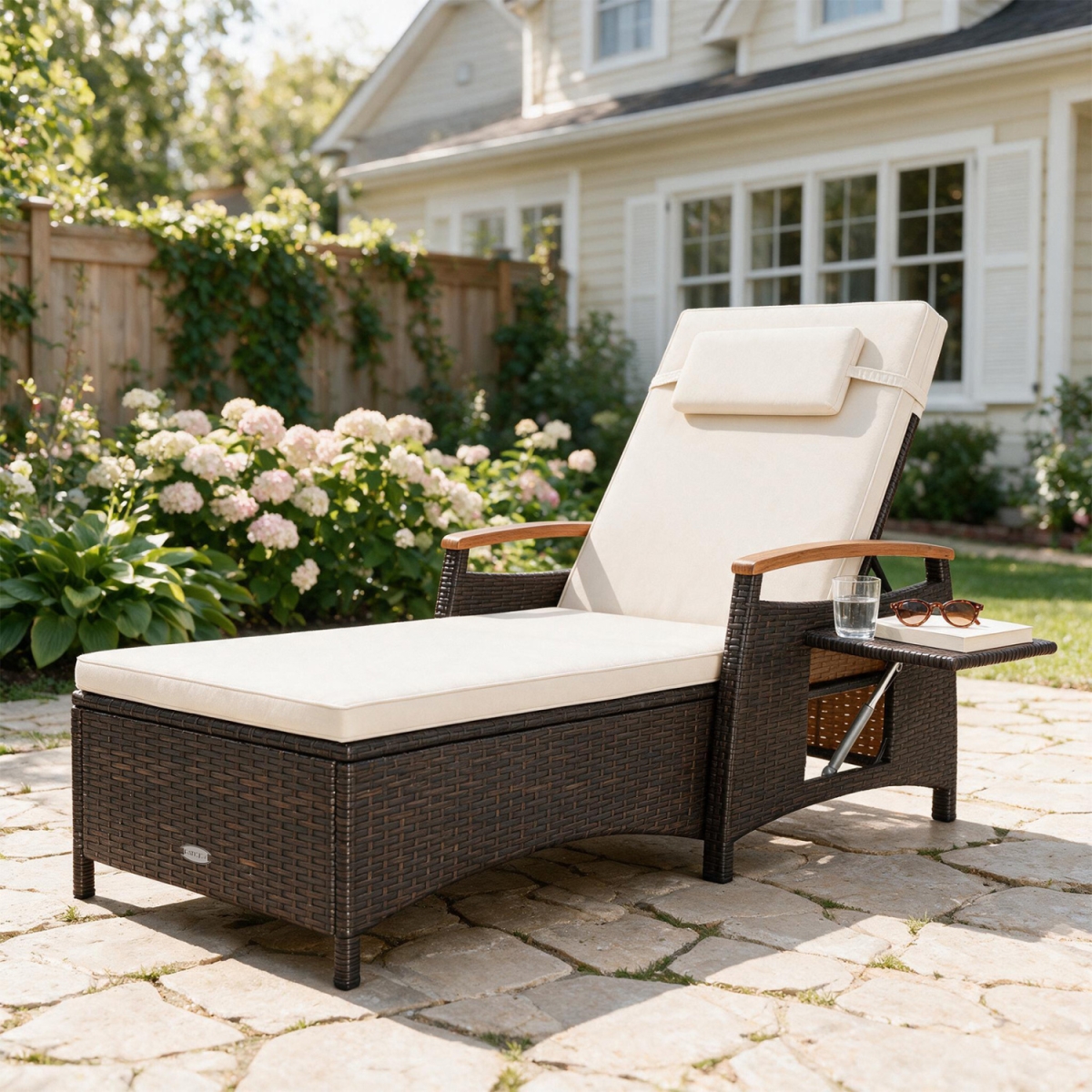 HW76310WH Patio Chaise Lounge with 7-Level Adjustable Backrest & Removable Cushion for Poolside - White