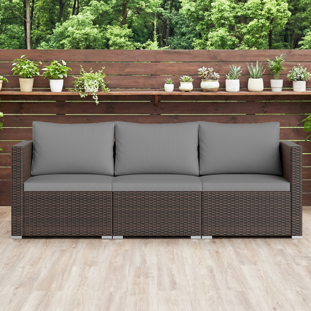 HW74944GR Patio Sectional Sofa Set with Soft Cushions - Gray - 3 Piece