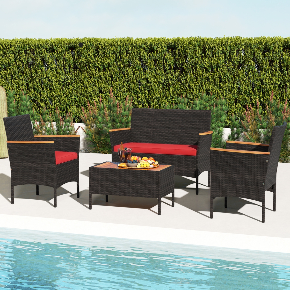 HW75077RE Patio Wicker Sofa Set with 2 Rattan Chairs & Loveseat with Table - Red - 4 Piece