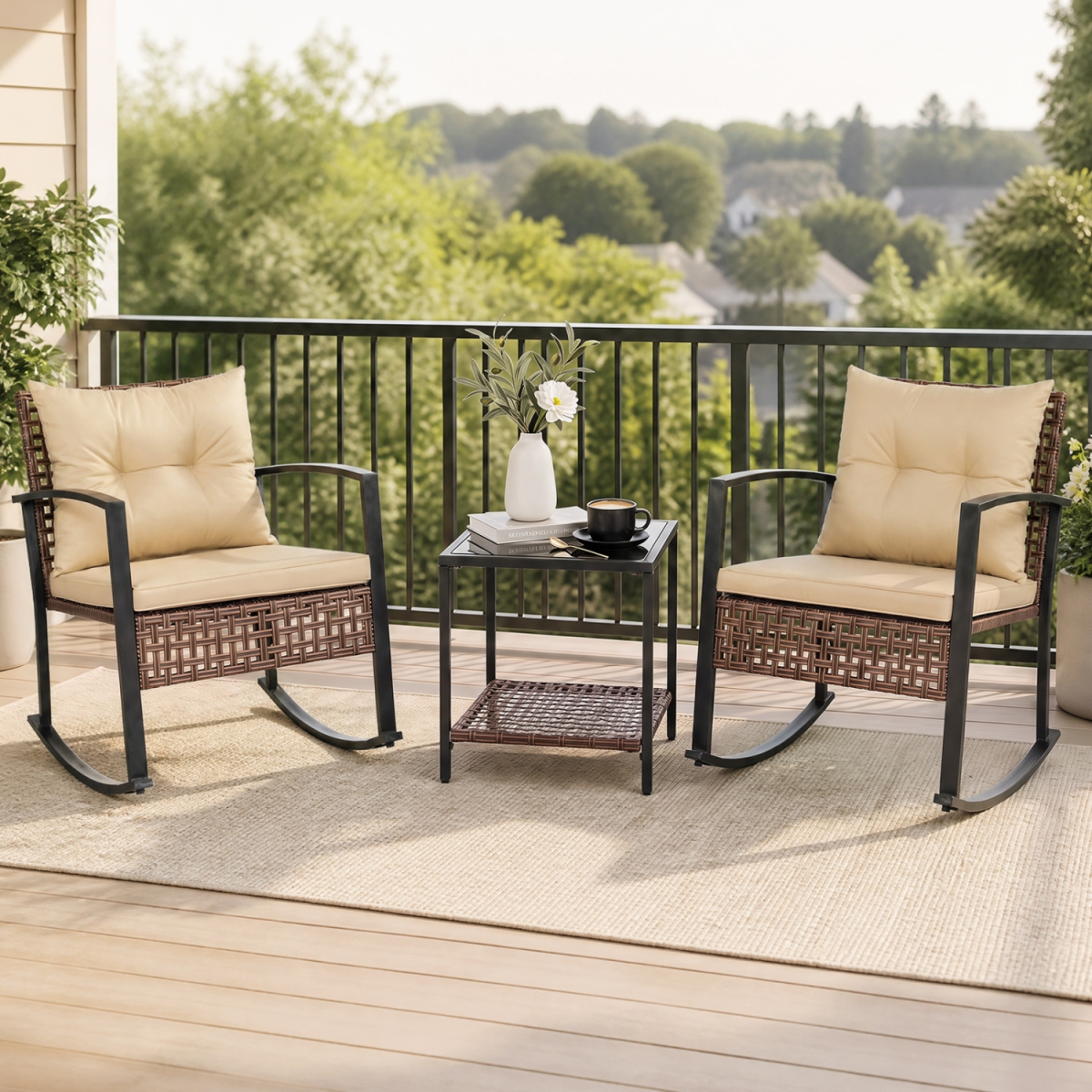 HW75958BN Outdoor Rocking Chair Set - Brown - 3 Piece