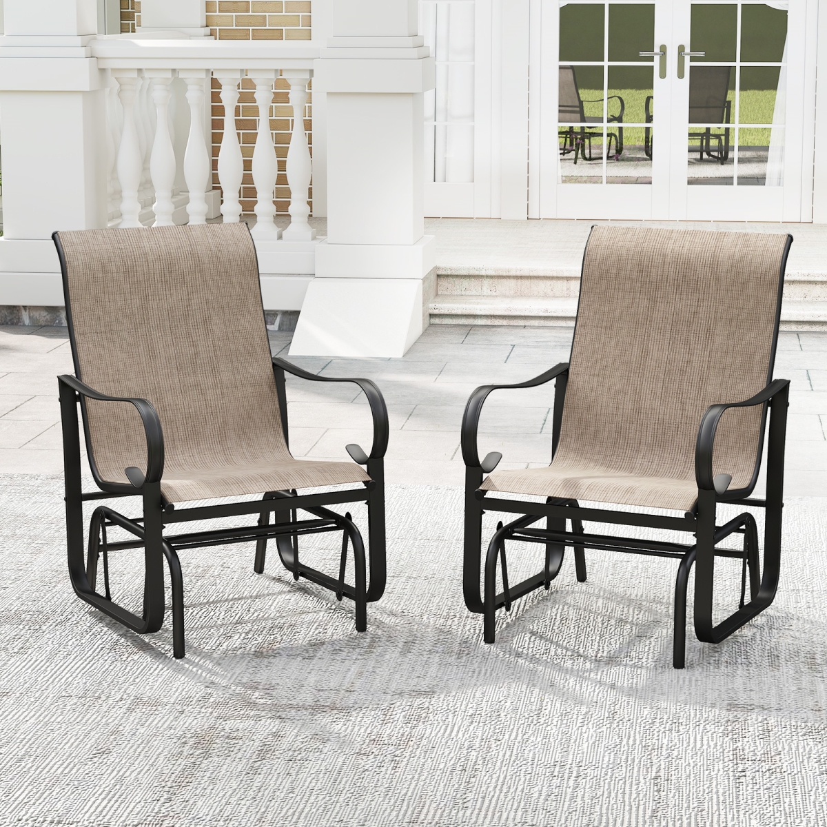 NP12159CF-2 Outdoor Glider Chairs with High Backrest Breathable Mesh Fabric & Metal Frame - Black & Brown - Set of 2