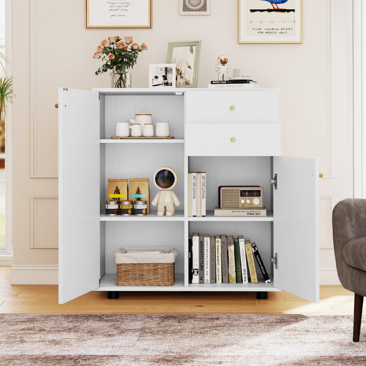 JV12968WH Kitchen Sideboard Buffet Cabinet Coffee Bar Cabinet with 2 Drawers 2 Doors & 3 Adjustable Shelves - White