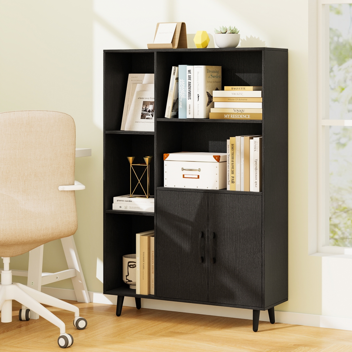 JV12983DK 4 in. Floor Bookshelf with 5 Open Compartments & Storage Cabinet - Black