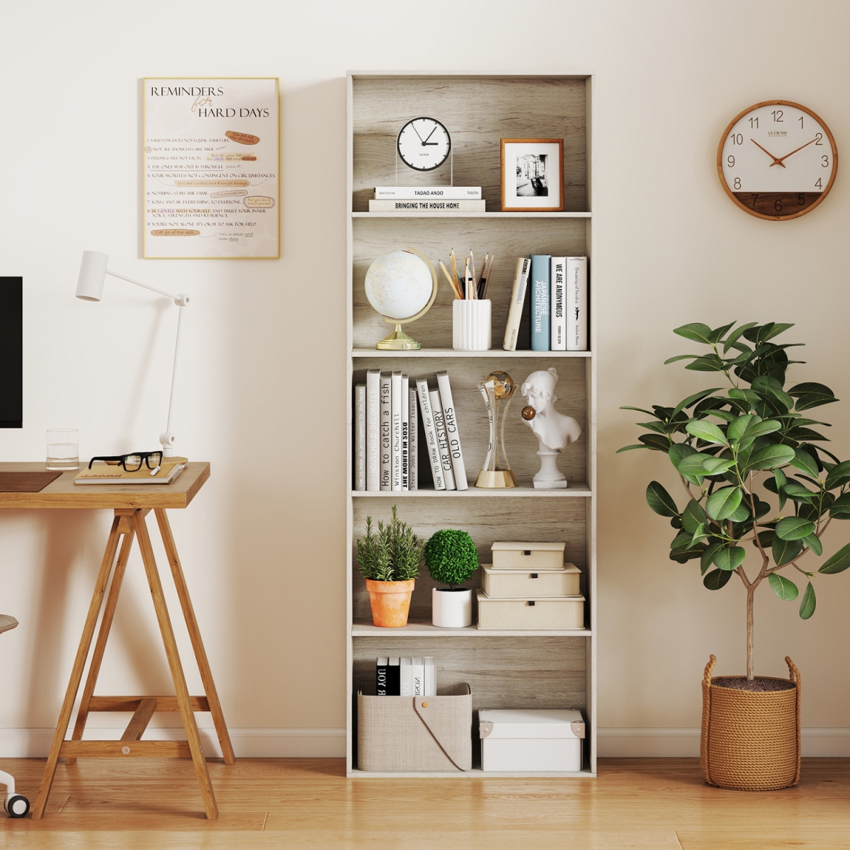 JV13162BM 5-Tier Bookshelf Freestanding Display Shelf for Home Office - Gray