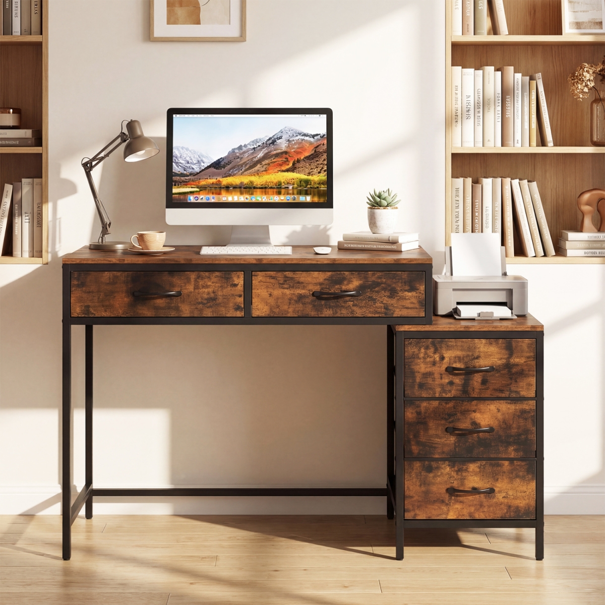 JV13214CF Computer Desk with 5 Drawers & Printer Stand for Bedroom & Small Spaces - Rustic Brown