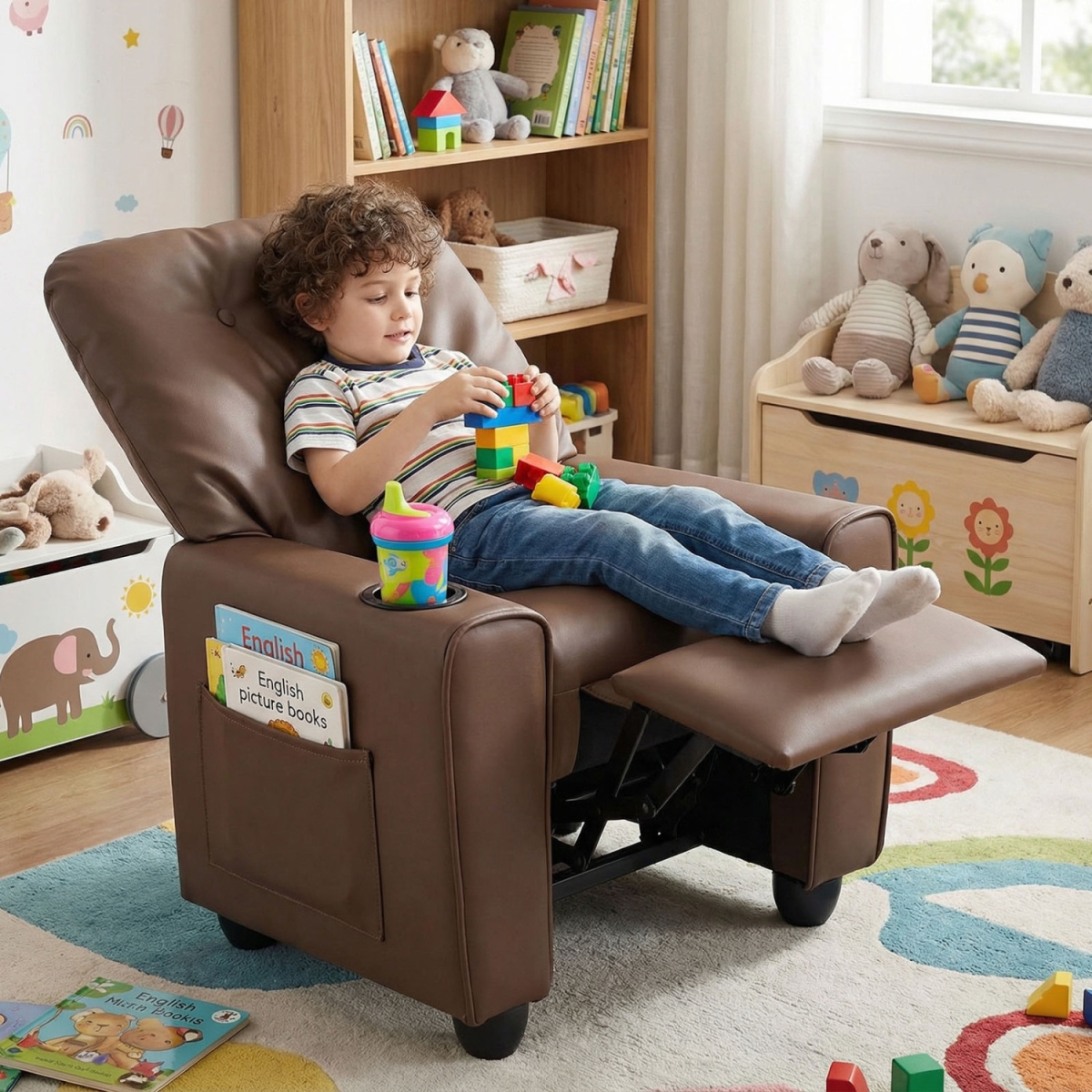 HY10549BN Kids Recliner with Cup Holder & Armrests & Adjustable Backrest Footrest - Brown