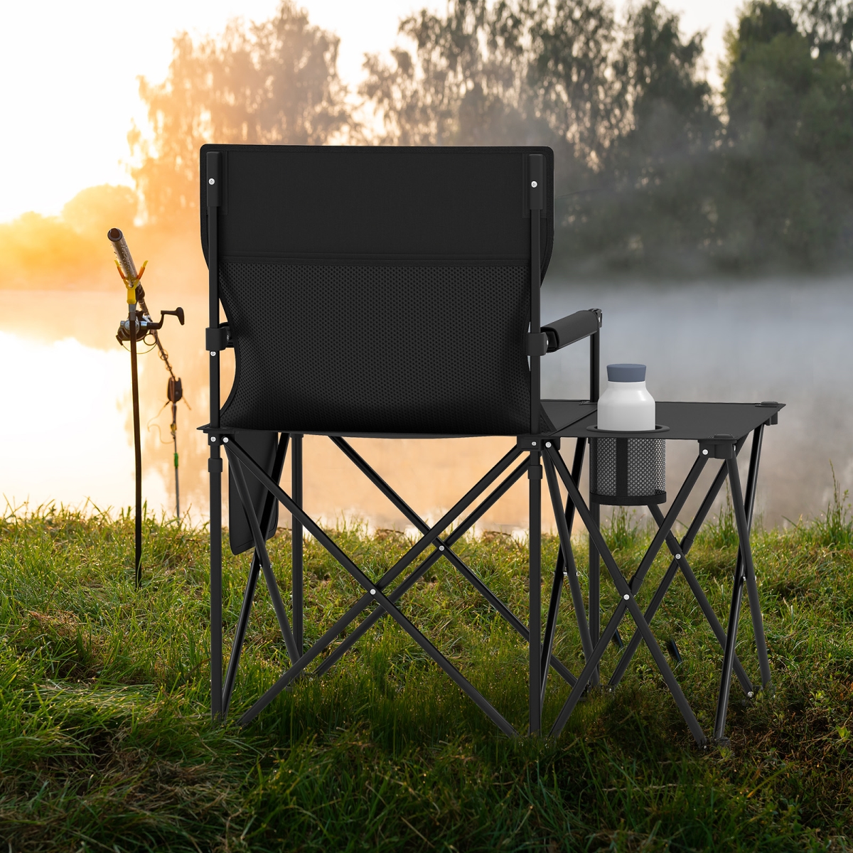 NP12552BK-1 Oversized Camping Chair with Side Table & 2 Storage Pockets - Black