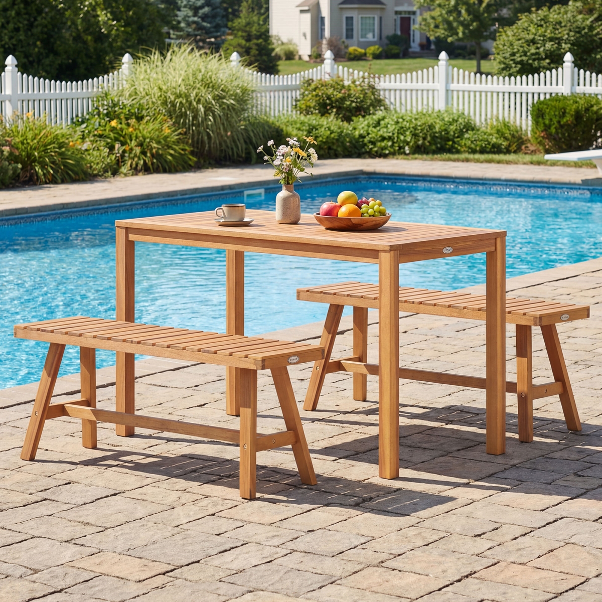 HW75306 Acacia Wood Patio Dining Set Outdoor Rectangular Table & Benches with Slatted Seats - 3 Piece