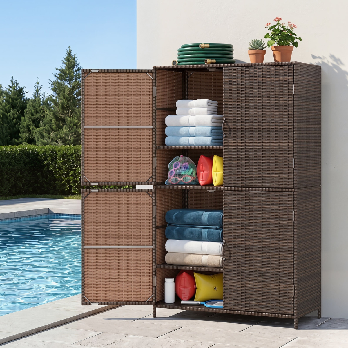 HW76224BN 4-Door Rattan Vertical Storage Shed with Adjustable Shelves - Brown