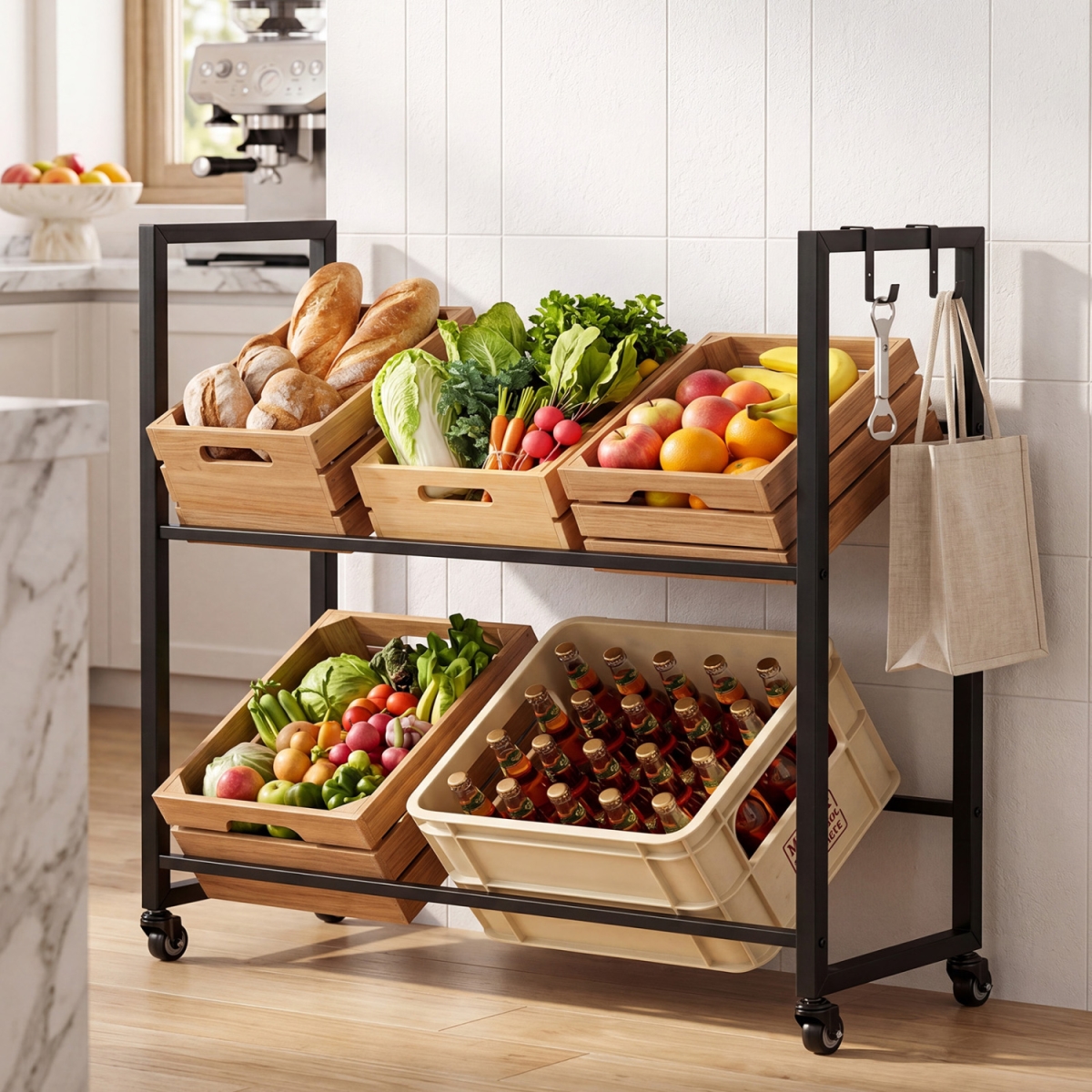 TA10108BK 2-Tier Drink Crate Rack with 4 Universal Wheels for Beer & Water Kitchen & Bar - Black