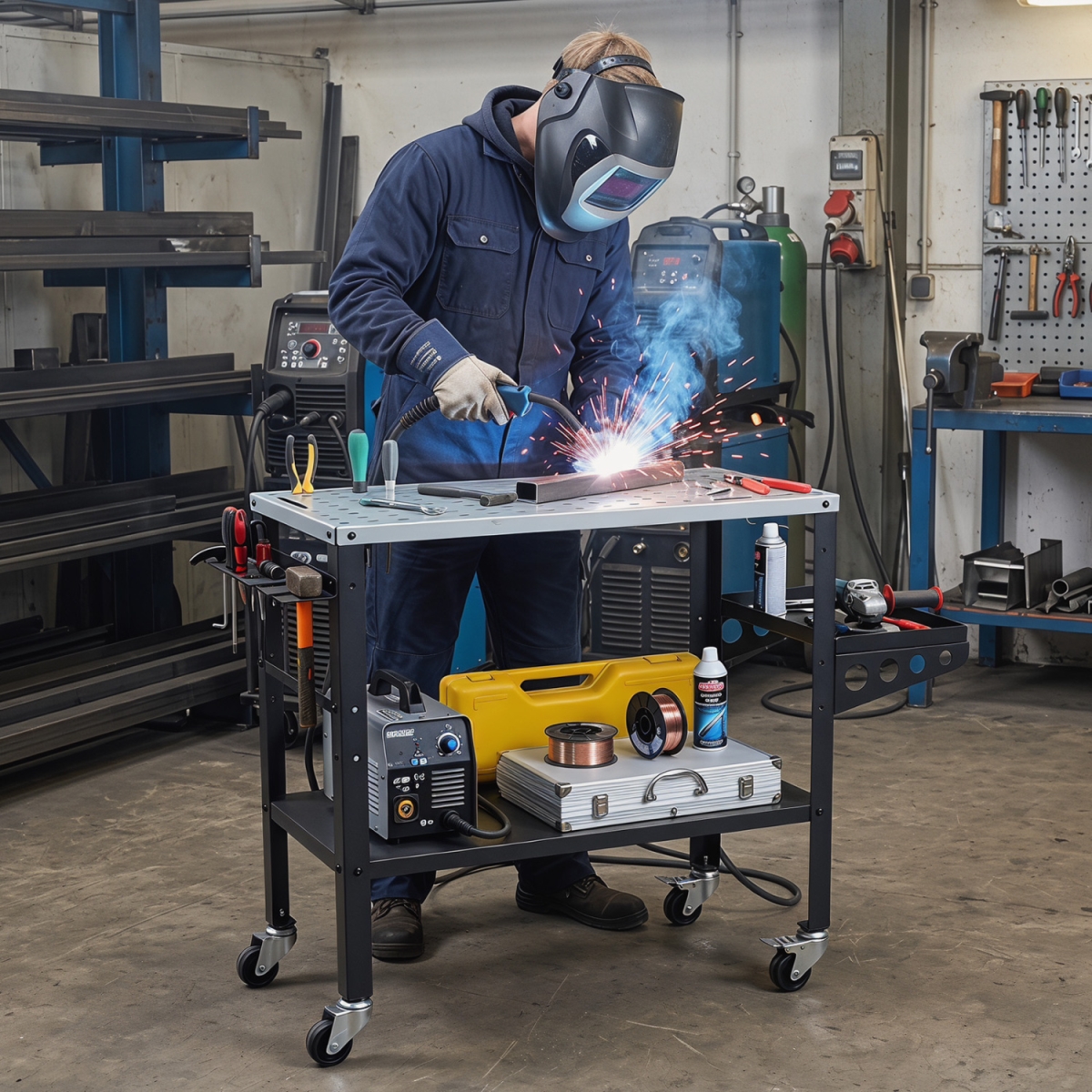 TH10089BK Welding Table 36 x 18 in. with Lockable Wheels & 144 Fixture Holes & Tool Slots - Silver & Black
