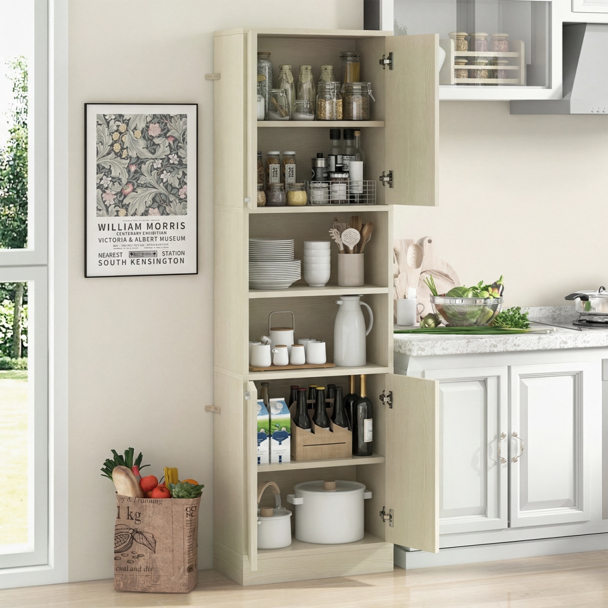 JV13838LO- 75 in. Kitchen Pantry Cabinet Tall Cupboard with Doors & Shelves - Beige