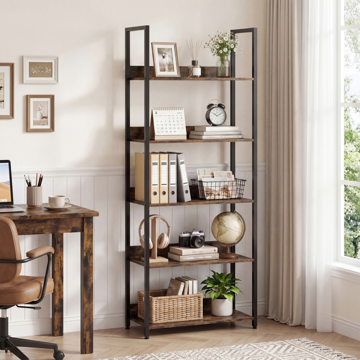 JV13849CF 5-Tier Bookshelf Tall Wooden Open Bookcase with Back Panels - Rustic Brown