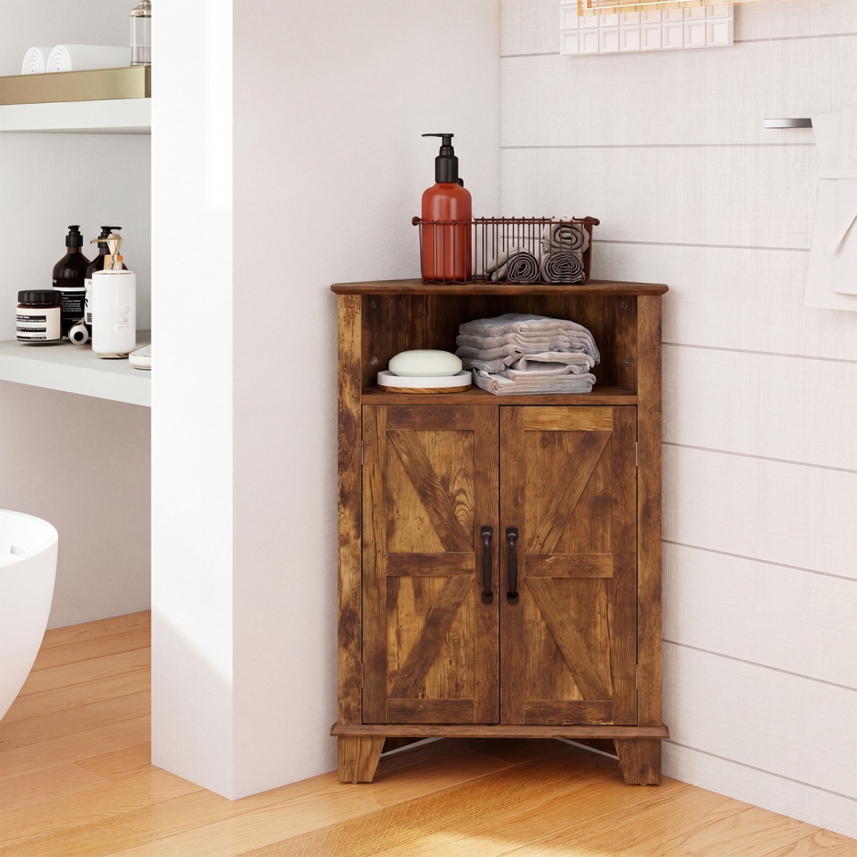 JV13850CF 4-Tier Corner Storage Cabinet with Open Shelf - Rustic Brown